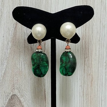 Vintage Faux Pearl and Green Glass Drop Dangle Earrings 