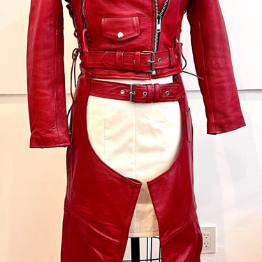 Vintage 80s Red Cropped Leather Motorcycle Jacket and Chap Set / 1980s Punk Rocker 
