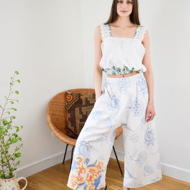 Vintage Reworked Wide Leg Cotton Pants | M | Floral Print Super Wide Leg Palazzo Pants with Elastic Waist | Relaxed Fit | Pocket 