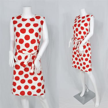 1960's Red White Polka Dot Belted Shift Dress I Sz Lrg I Leila Fashion- Miami 