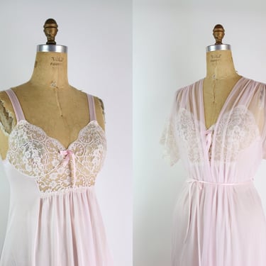 70s Pale Pink Two Piece Slip Set /Lace Vintage Lingerie / 70s Peignoir / Vintage Sheer Robe / Size S/M 