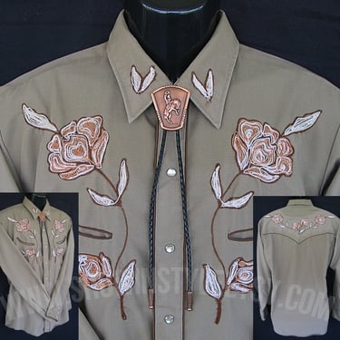 Vintage Western Men's Cowboy Shirt by Karman, Khaki/Gray with Embroidered Copper & White Floral Designs, Approx. Medium (see meas. photo) 