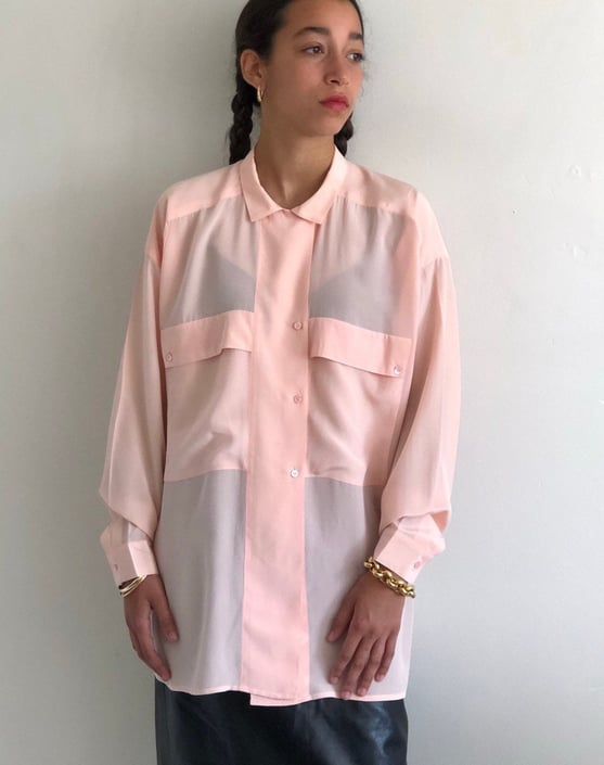 80s silk pocket blouse / vintage ballet blush pink sheer silk crepe relaxed designer blouse tunic | L 