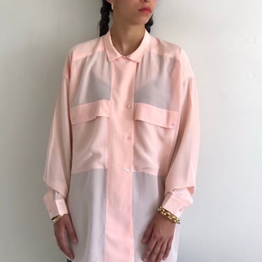 80s silk pocket blouse / vintage ballet blush pink sheer silk crepe relaxed designer blouse tunic | L 
