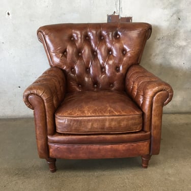 Restoration Hardware Style Brown Distressed Leather Tufted Club Chair