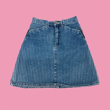 Vintage Denim Mini Skirt Retro 1980s Punky + Size 7 + Railroad Stripe + 100% Cotton + Light wash + A Line + Zippered Detail + Womens Apparel 