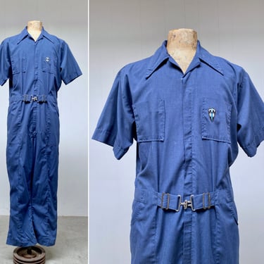 Vintage 1970s Short Sleeve Belted Coveralls, 70s Blue Cotton-Poly Customode Jumpsuit, Utility Work Wear, Leisure Suit, Large 48" Chest 