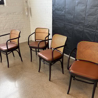 Vintage 1960s Thonet 811 Black Laquered Bentwood and Cane Arm Chairs Made in Poland, Set of 4 