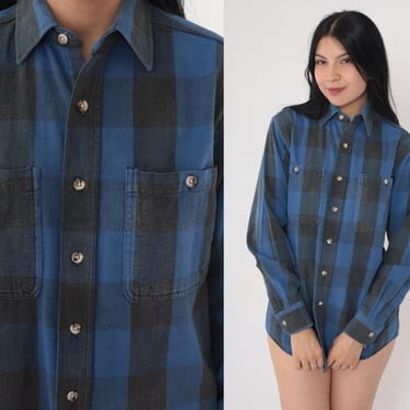 90s Buffalo Plaid Shirt Button up Shirt Blue Black Retro Checkered Long Sleeve Chest Pocket Cotton Vintage 1990s Men's Small S 