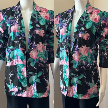 1980's Floral Blazer Black with Pink Flowers fits S-M 