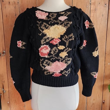 Vintage 80s Black Sweater Pink Rose Flowers Liz Claiborne 