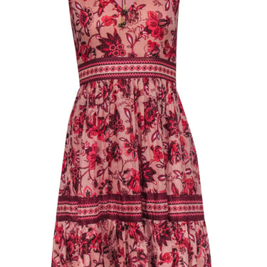 Kate Spade - Pink & Red Floral Print A-Line Dress w/ Metallic Threading & Tassels Sz 0