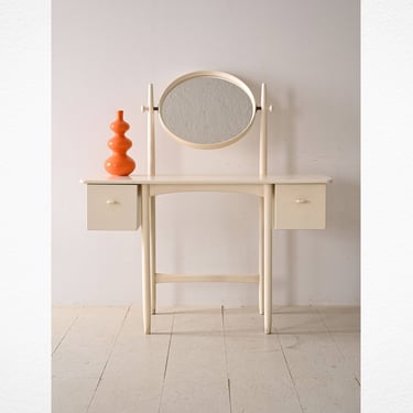 Vintage Scandinavian Dressing Table with Round Mirror - White Painted Vanity 