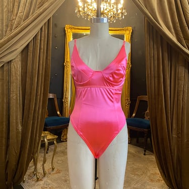 vintage swimsuit, neon pink, one piece, 1990s bathing suit, medium, barbiecore, underwire, bodysuit, swimwear, y2k, bright, 36 bust, sexy 