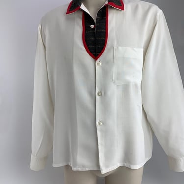 1950's Rayon Shirt - BUD BERMA LABEL - Contrasting Collar & Button Placket - Light Weight Fabric - Men's Size Large 