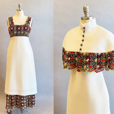 1960's White Piqué Maxi Dress / 60's Dress with Cape / Belle Epoque Style Dress / Size Small Size Extra Small 