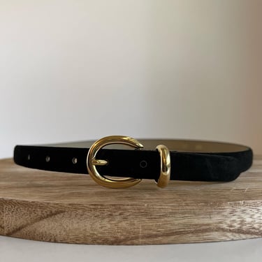 Vintage 90s Worthington Skinny Black Pig Suede Gold Buckle Belt - Large 