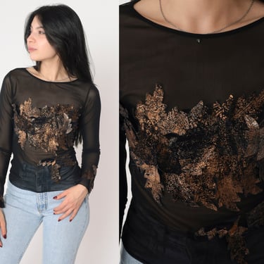 Metallic Leaf Top Y2K Black Mesh Shirt Sheer Long Sleeve Blouse Shiny Sparkly Glitter Rave Party Glam Going Out Boho Vintage 00s Small S 