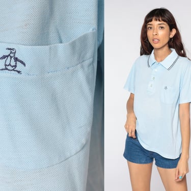 80s Munsingwear Polo Shirt Thin Baby Blue Polo Shirt Half Button Up Tshirt 1980s Retro Vintage Tee Penguin Grand Slam Medium 