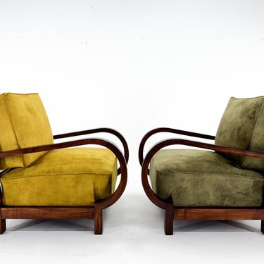 Pair of Art Deco Beech Wood Armchairs, 1930's, Newly Upholstered / Set of Two Armchairs / Restored 