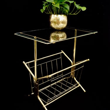 Mid-Century Modernist Brass & Glass Magazine Rack Side Table | Gold Tubular Metal PostModern Record Stand | N.O.S!! | Excellent Condition 