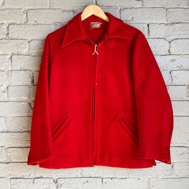 Small, Vintage 1940s Red Full Zip Wool Jacket, Belted Back, Glendale of Minnesota 