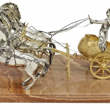 Brass Chariot, 4 Horses, Roman Quadriga, On Onyx Base, Charioteer, Decor, 23"W!