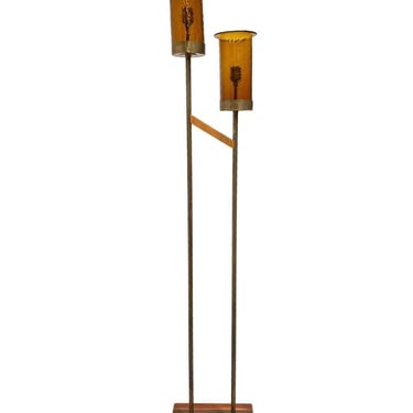 Asymmetric Mid-century Brass Torchiere Floor Lamp w/ Wood Base Smoked Swirl Glass Shades 