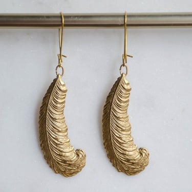 gold feather earrings, long gold drop charm earrings, vintage brass earrings, bohemian nature woodland gift for her, statement earrings 