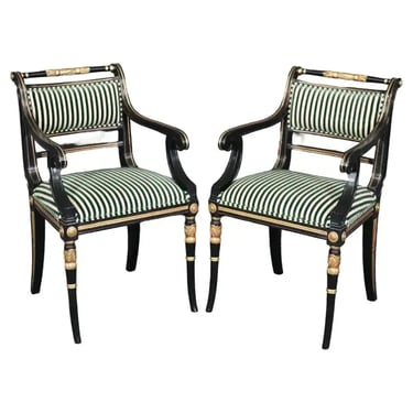 Gorgeous Pair Black Lacquer Regency Gilded Armchairs Dining Chairs