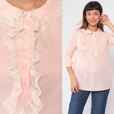 Baby Pink Ruffle Blouse 70s Tuxedo Shirt Lace Ruffled Half Button Up Jabot Collar Top Secretary Victorian 3/4 Sleeve Vintage 1970s Small S 