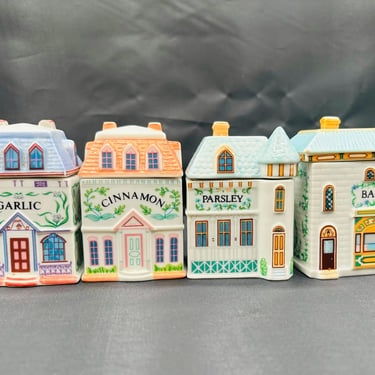 Four Piece Circa 1980s Lenox Spice/Herb Victorian Style Homes Village with Lid Handcrafted Fine Porcelain by LeChalet