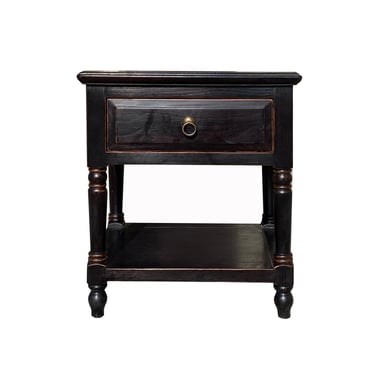 Oriental Distressed Black Brown Lacquer Drawer End Table Nightstand cs7249E 