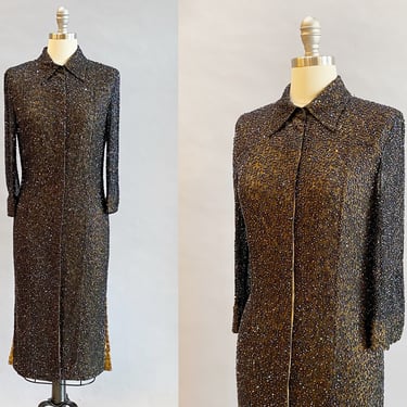 1980's Black Beaded Dress / 1980s Sean Mehta Beaded Tunic / Animal Print Dress / Beaded Animal Print Dress / Beaded Coat /Size XS Size Small 