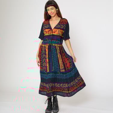 90s Blue Floral Midi Grunge Dress - Extra Small | Vintage