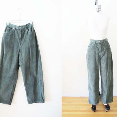 Vintage 2000s Green Wide Leg Corduroy Pants 28 - Y2K High Waist Earth Tone Sage Cord Pants 