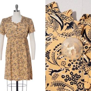 Vintage 1940s Dress | 40s Animals Floral Novelty Print Rayon Crepe Light Buttercup Yellow Novelty Buttons Fit and Flare Dress (medium/large) 