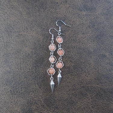Silver and peach agate geometric hexagon earrings 