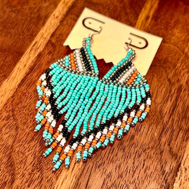 Vintage Seed Bead Dangle Earrings Native American Turquoise Beaded Retro Jewelry 70s Southwestern Western Fashion Boho Hippie 