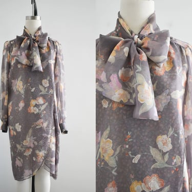 1970s/80s Mignon Gray Chiffon Floral Tie Neck Dress 