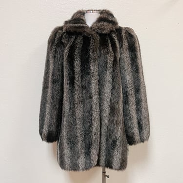 1980s Brown & Gray Striped Faux Fur Medium Length Coat by Jordache L/XL | Vintage, Mob Wife, Retro, Funky, Sexy, Jacket 