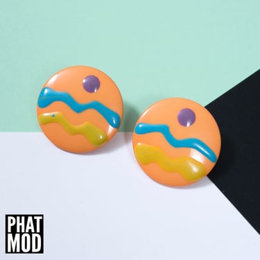 DEADSTOCK Fun Vintage 80s 90s Hand-Painted Abstract Orange Round Plastic Earrings 