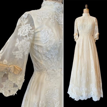 1970s wedding dress, cream net lace, vintage bride, high neck, bell sleeves, bohemian style,  70s bridal gown, 26 waist x-small 