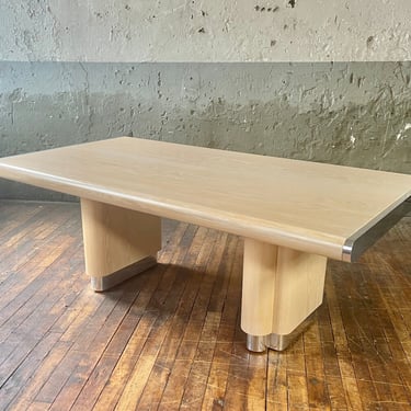 Post Modern Cerused Oak &amp; Chrome Double Pedestal Dining Table MCM ART DECO