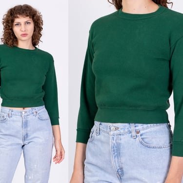 90s Green Cropped Sweatshirt - Petite XS | Vintage Plain Crewneck Pullover Top 