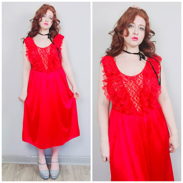1980s Vintage Cinema E'toile Red Lace Nightgown / 80s / Eighties Ruffled Sheer Nylon Slip Dress / Size Small - Medium 