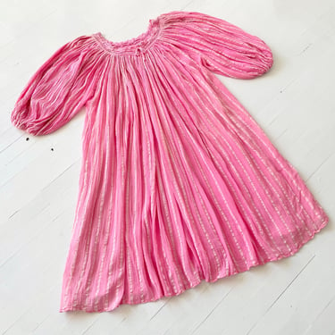 1970s Bubblegum Pink Gauze Dress with Balloon Sleeves 