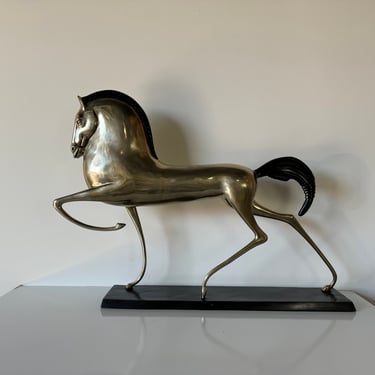 Art Deco Boris Lovet-Lorski Style Silvered Brass Etruscan Horse Sculpture 