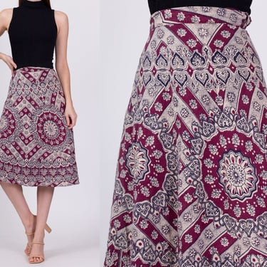 Boho 70s Indian Block Print Midi Wrap Skirt - XS to Small | Vintage Boho Batik Cotton A Line Hippie Skirt 
