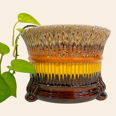 Vintage Ceramic Planter Retro 1960s Mid Century Modern + Brown/Orange/Yellow + Drip Glaze + Round + Indoor + MCM Home Decor + Made in Japan 